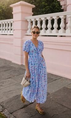 Banjanan Tuckernuck Norma Maxi Dress Misty Blue Floral Cotton Puff Sleeve S